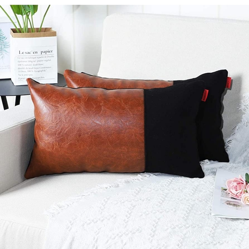 New! Set of 2 faux leather faux fur brown black decorative pillow covers